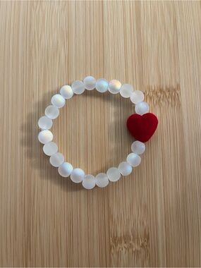 White Glass Beaded Bracelet with Red Heart Accent - Women Jewelry